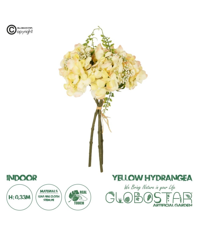 GloboStar® Artificial Garden YELLOW HYDRANGEA BOUQUET 21315 Τεχνητό Διακοσμητικό Μπουκέτο Κίτρινη Ορτανσία Y33cm